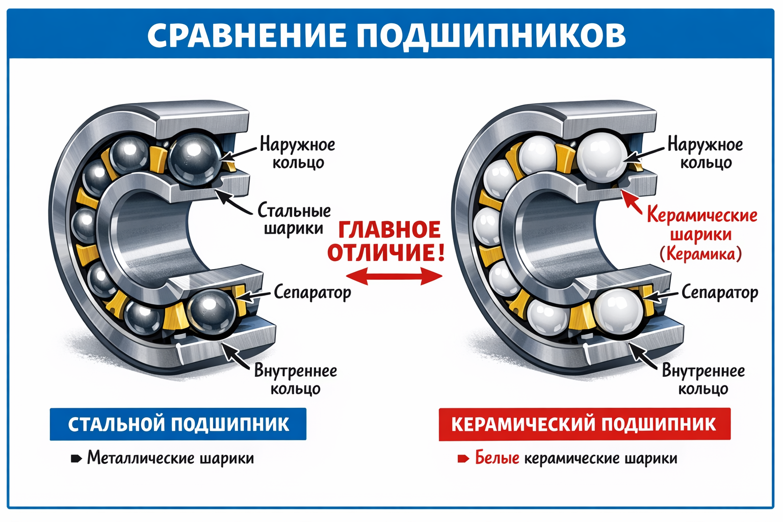 Ключевая разница в разрезе между керамическим и обычным подшипником