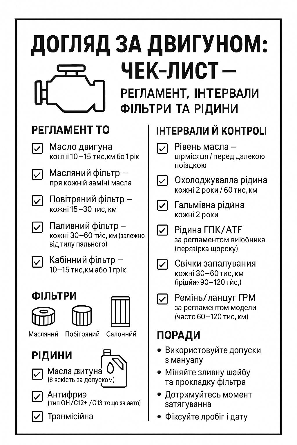 Чек-лист догляду за двигуном: олива, фільтри, свічки запалювання